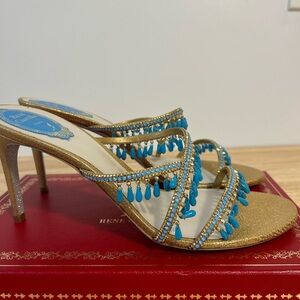 RARE Rene Caovilla Gold Leather Embellished Sandals Size 42
